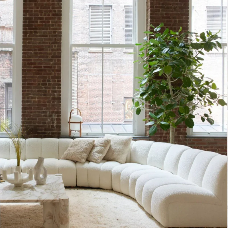 custom.ATUNUS Mid Modern Design Sofa Living Room Curved Channel Sectional Sofa Beige Boucle Fabric Couch Set