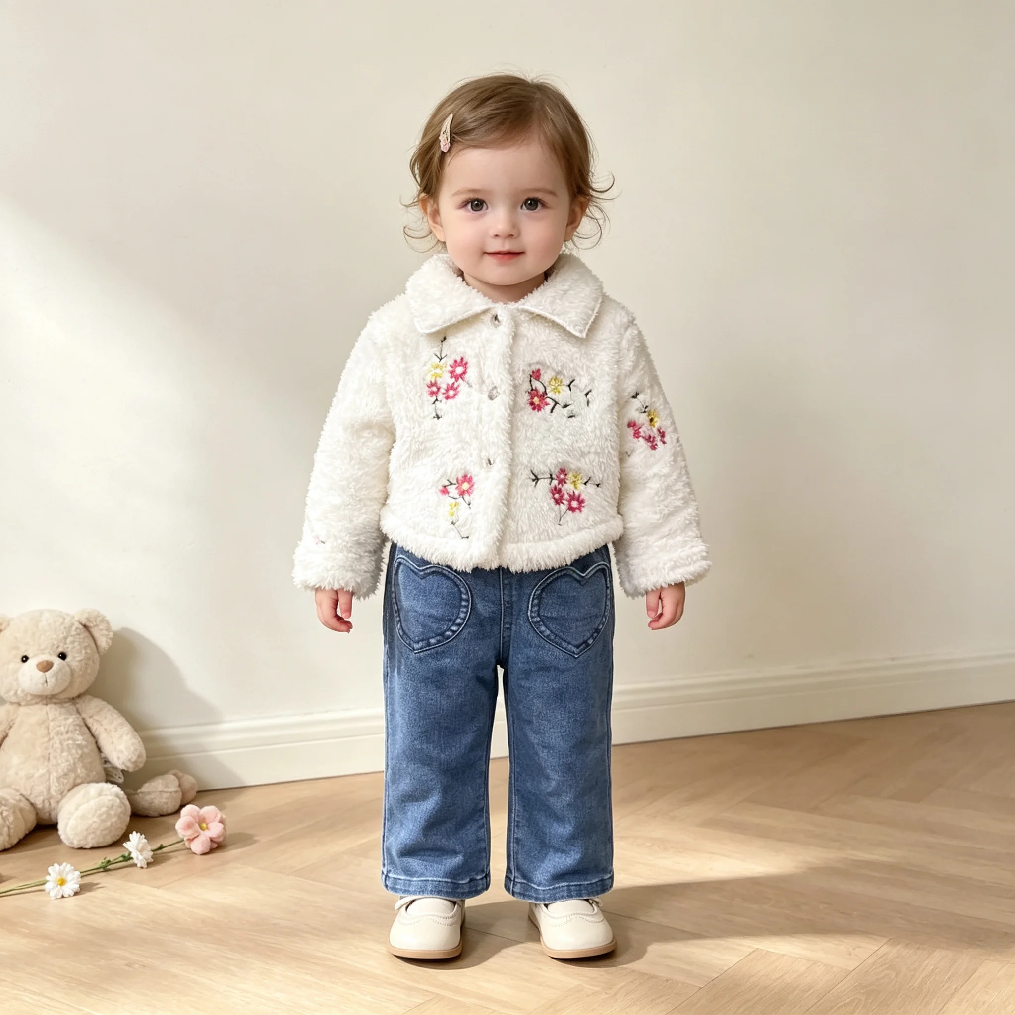Girls Spring Autumn Two-Piece Set Floral Embroidery White Furry Collar Jacket with Heart Pocket Denim Pants Baby Outfit