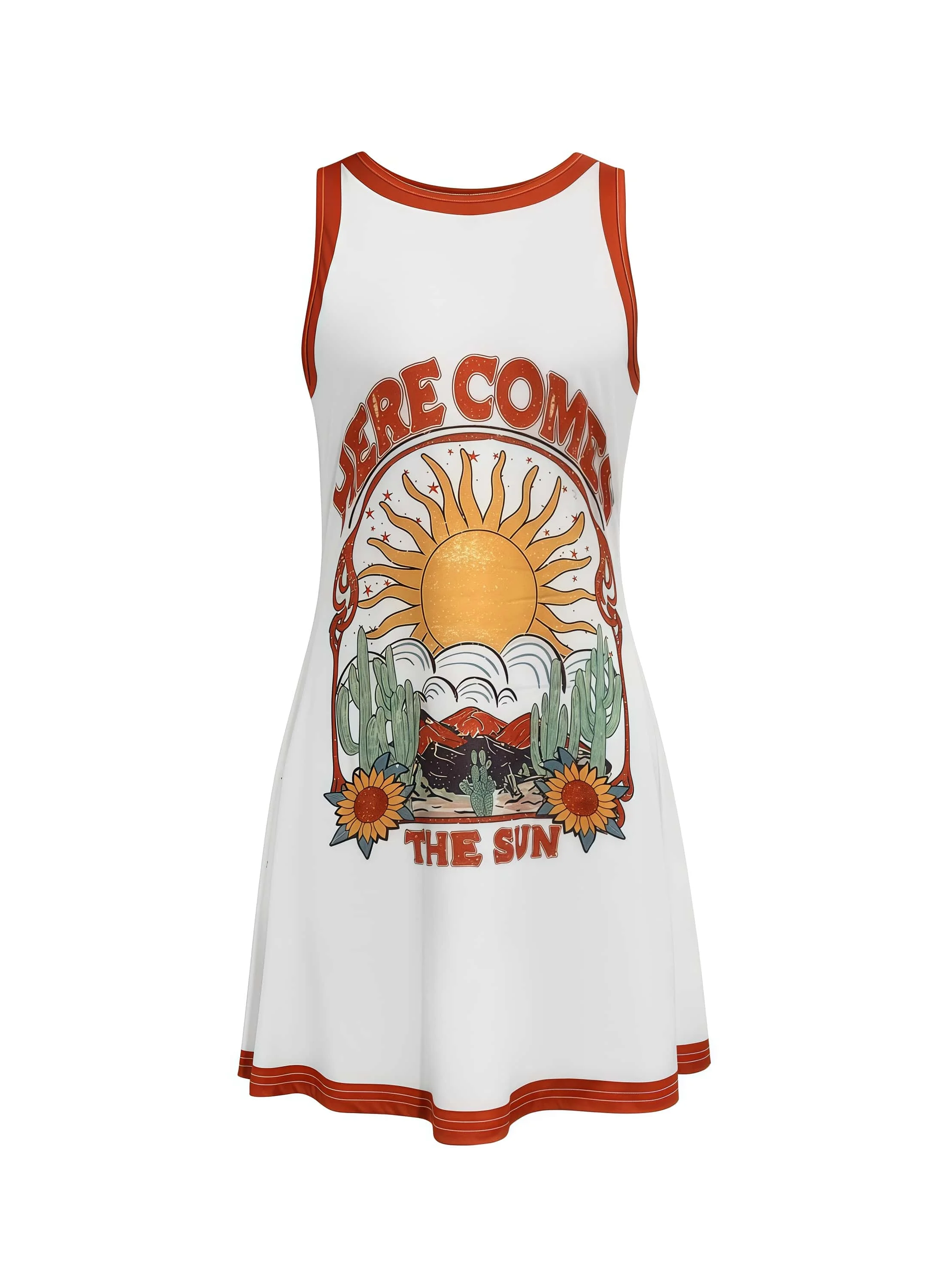 Western Style Sun Cactus Printed Milk Silk Sleeveless Dress  Loose and Comfortable  Versatile Dress for Summer Travel