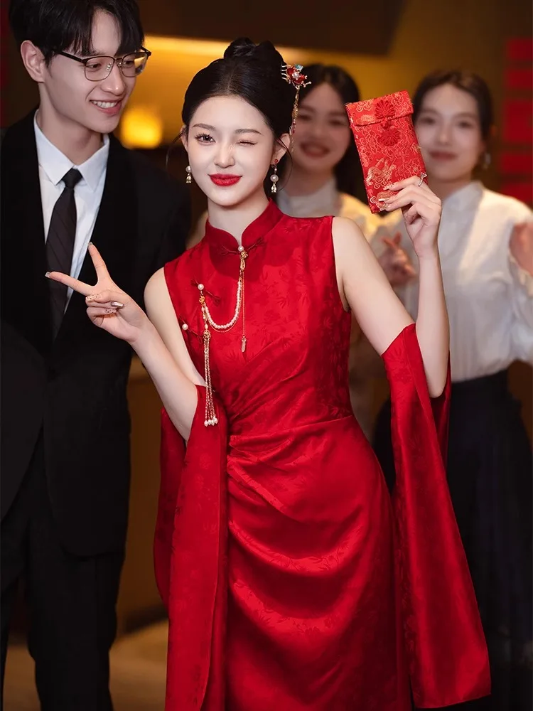 

Red Chinese Morning Robe Wedding Dr Ele Slim Fit Flag Robe for Engagement And Wedding Ceremony Long Skirt without Sve