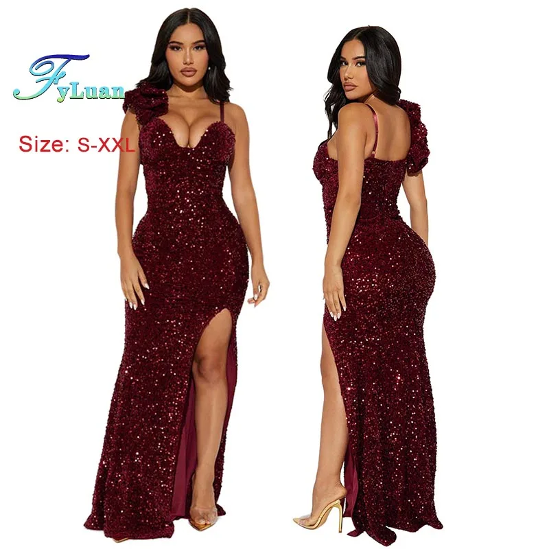 ชุดเดรสยาวแฟชั่นใหม่ปี 2025 สำหรับผู้หญิง สีพื้น สายเดี่ยว แต่งเลื่อม ผ่าข้าง ยาวกรอมพื้น คอวีลึก เหมาะสำหรับงานพรอม