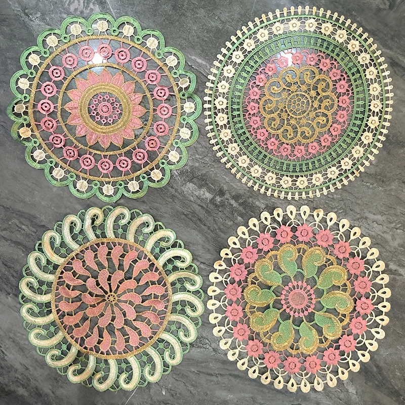 3D Colorful Round Hollow Lace Table Mat, Embroidery Decorative Placemat For Cup Bowl Dish Tableware Home Table Decoration