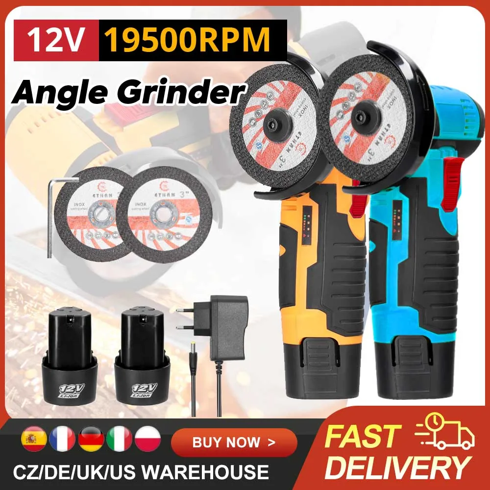 12V 19500Rpm Mini Angle Grinder with Rechargeable Lithium Battery Cordless Polishing Machine Diamond Cutting with 2 Cutting Disc