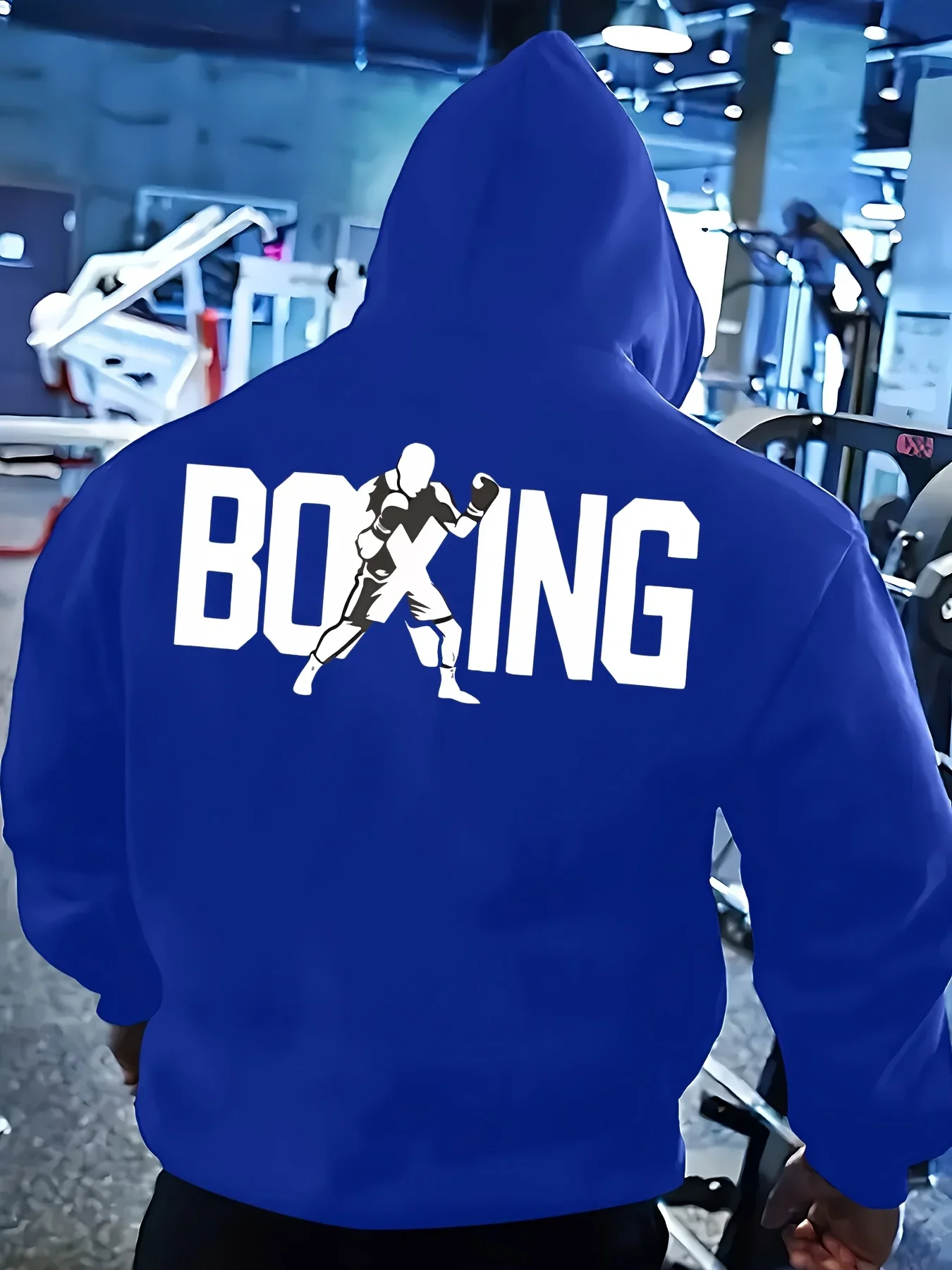 Moletom com capuz estampado com grafia de boxe masculino, silhueta de lutador em azul royal, moletom oversized, pulôver para academia, treino, streetw