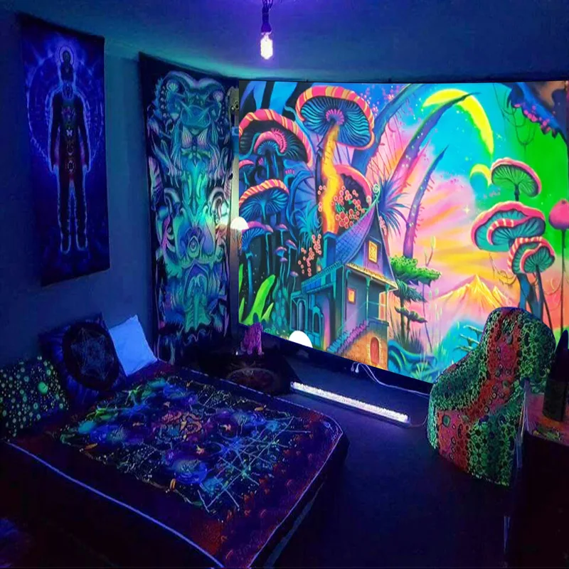 Black Light Tapestry Wall Hanging UV Reactive Psychedelic World Hippie  for Bedroom Dorm Indie Room Decor