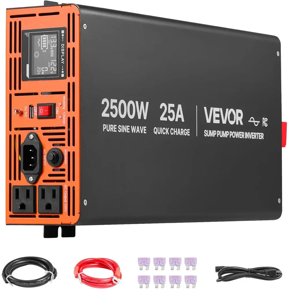 

2500W Sump Pump Battery Backup System, LCD Display, Auto Switches to Battery Inverter Power or Sump Pump, e Sine Wave, or Baseme