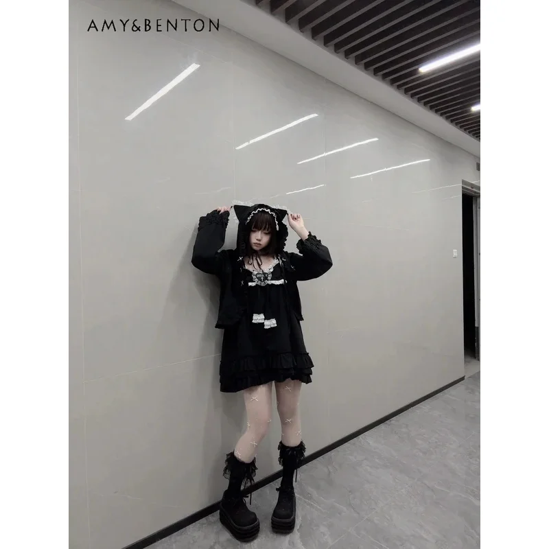 

25COSKawaii Cat Ears Hooded Lace Short Coat Women Japanese Two-dimensional Horn Sleeve Lace Cute Coat Cotton Solid Color Casual