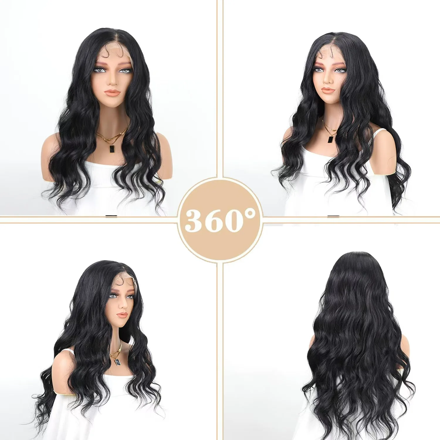 A fashionable and stylish full lace front wig with Yaki middle part and loose long curly hair made of synthetic fibers.