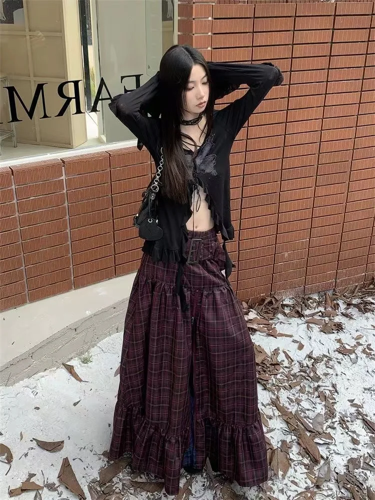 Women Vintage Plaid Ruffles Long Maxi Skirt Korean Harajuku Zipper Belt High Waist A-line Skirts 2000s Y2k Street Gothic Clothes