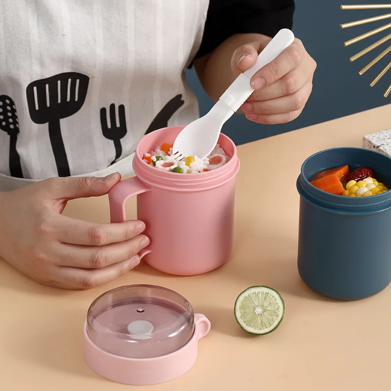 Copo de café da manhã portátil multifuncional copo de aveia cereal porca iogurte caneca lanche micro-ondas com tampa colher lancheira