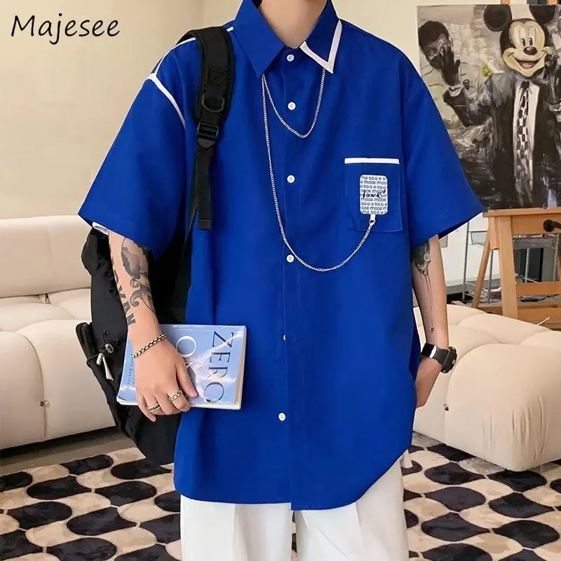 

M-3XL Patchwork Shirts Men Clothing Summer Harajuku American Teens Streetwear Temper Panelled Trendy Camisa Hombre Preppy Unisex