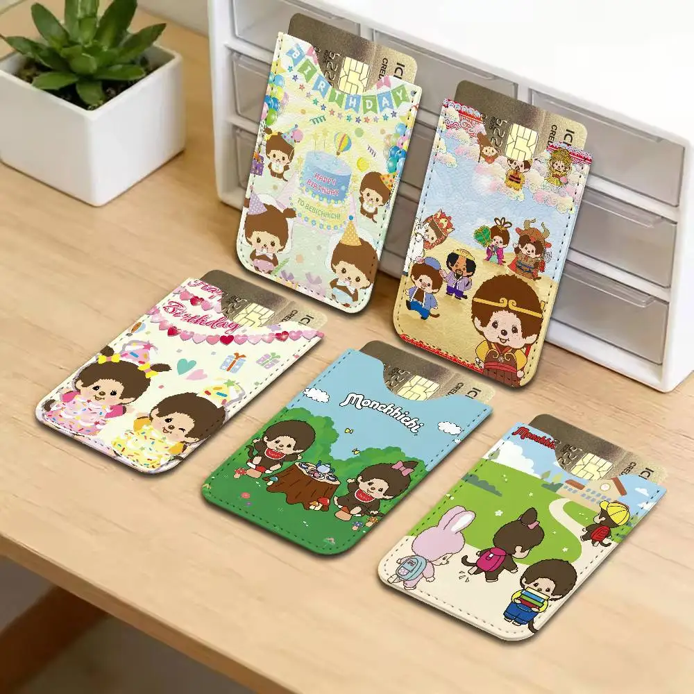 Cartoon Monchhichis Lightweight Leather Card Holder Palm Pattern Protective Cover for Bus Card ID Card Compact Size