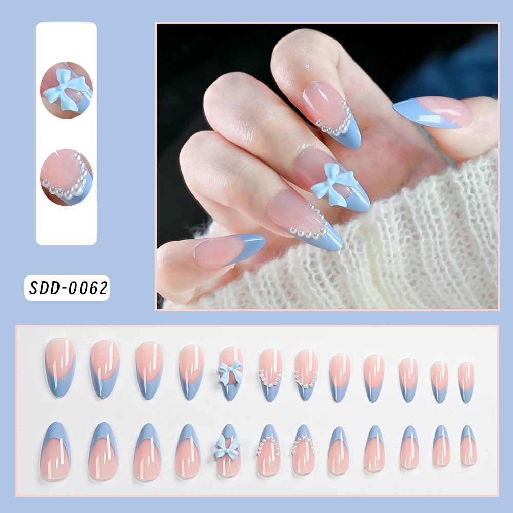24 pièces faux ongles avec pointes bleues françaises conception d'arc de perle Y2K faux ongles en forme d'amande entièrement couvert acrylique faux ongles à pression