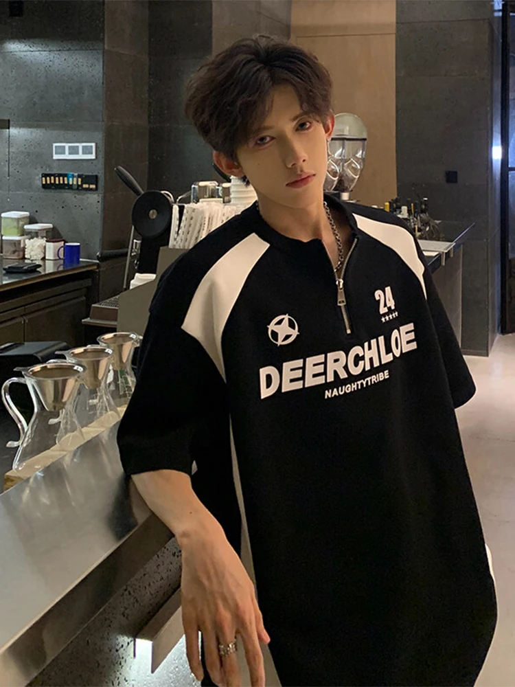 Loose Fit American High Street T-irt ort Sve Men Summer Trendy Brand Haome f Zip Motorcycle Sle Five Sve