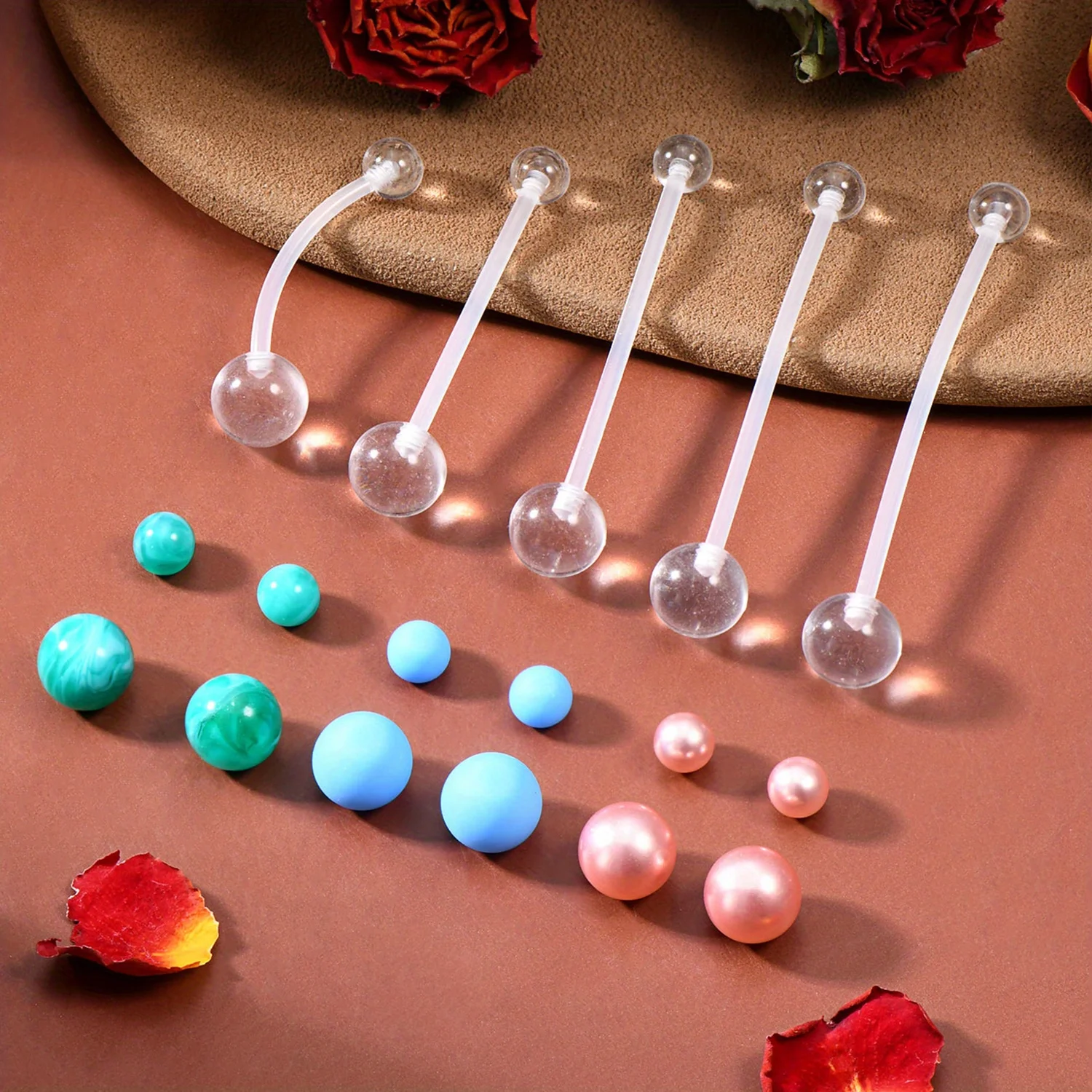 5pcs 14G Elegant Flexible Clear Plastic Pregnancy Belly Button Rings 12-38mm Long Bar Navel Rings with 12pcs Replacement Balls