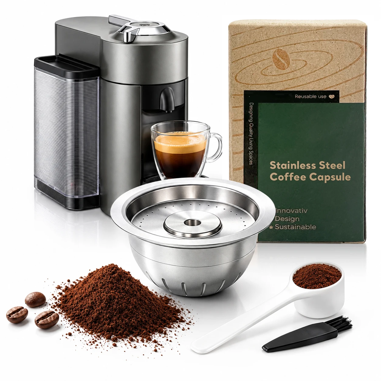 Stainless Steel Reusable Coffee Capsule for Nespresso Vertuo Plus, Refillable Vertuo Pods with Silicone Lid, Coffee Filter Kit