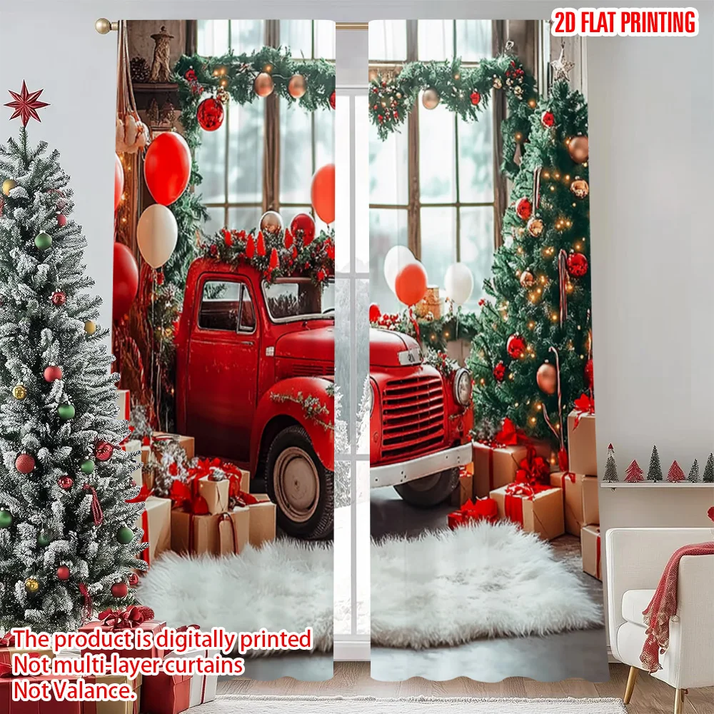 

2pcs 2D flat printing Christmas Window Drapes Vintage red car Versatile Durable Polyester Without Electricity Spring Party &