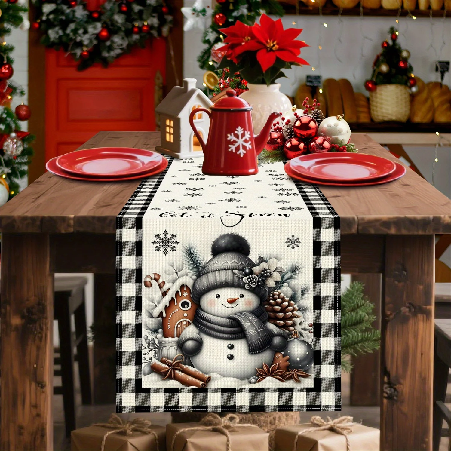1pc Christmas Table Runner, Let It Snow Buffalo Plaid Snowflakes Snowmen Pine Branches House Design for Dining Table, Kitchen,