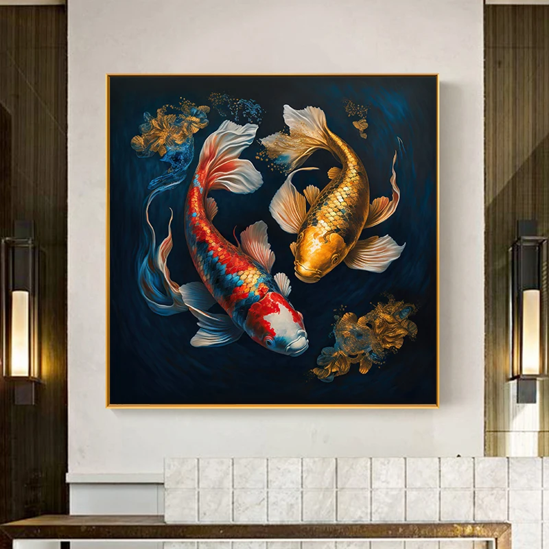 Modern Chinese Abstract Nine Koi Fish Landscape on Canvas Painting Posters and Prints Wall Art Picture for Living Room Cuadros