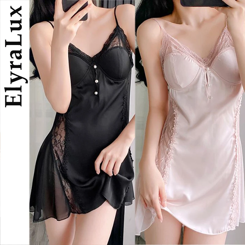

ElyraLux Sexy Summer Ice Silk Strap Sleepwear Women's Thin Home Clothes Nightgown V-neck Sleeveless Lace Trim Nightdress