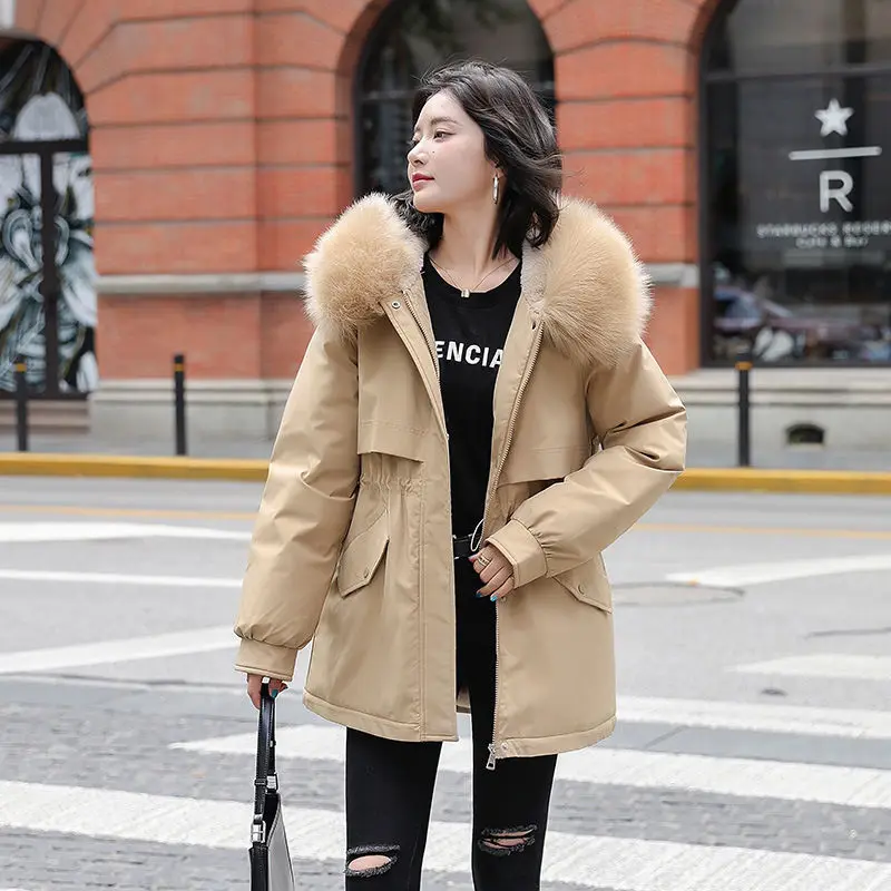 

Women Parka Fashion Long Coat Plush Lining Hooded Parkas New Winter Jacket Slim With Fur Collar Warm Snow Wear Padded Clothes