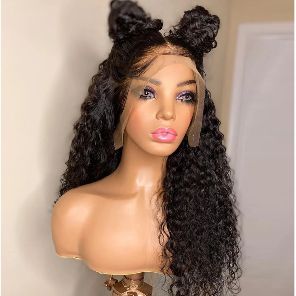Natural Black Soft Glueless 180Density 26Inch Long Kinky Curly Deep Lace Front Wig For Women With Baby Hair Preplucked Daily