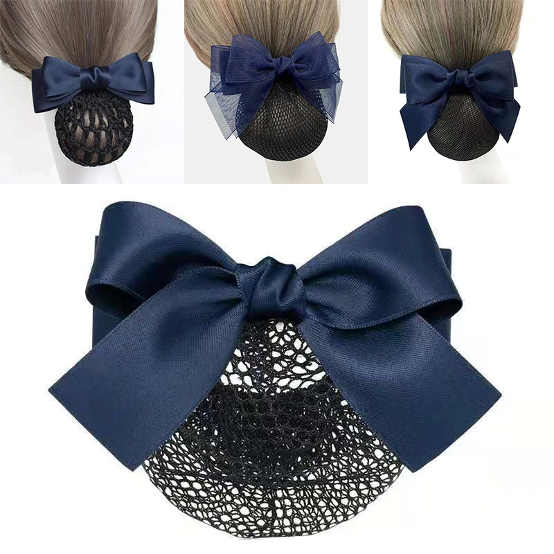 Women Hair Net Hairpins Bow Hair Bun Cover Snood Net Barrettes Flight Attendant Ribbon Hair Clip Bowknot Hair Accessories