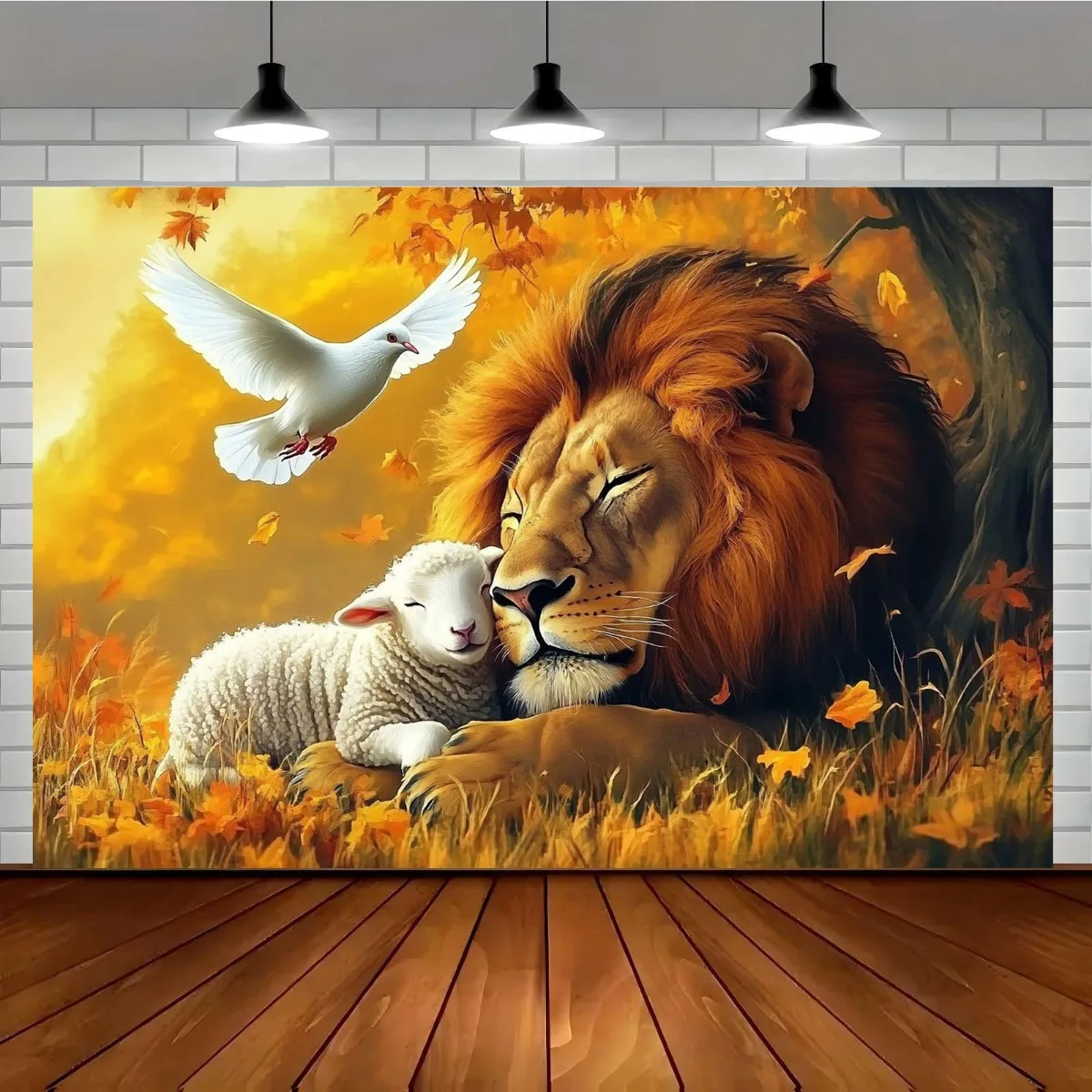 Realistic Lion Lamb and Dove Tapestry Art Print Golden Nature Wall Hanging Decor Home Decoration 180x280cm