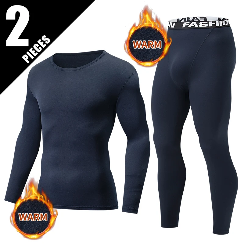 

2-piece Autumn/Winter Men's Fashion Sports Solid Color Undercover Warm Underwear Set for Youth Running and Fitness T-shirt Pants
