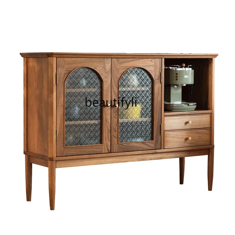 Nordic retro dining side cabinet old teak storage cabinet all solid wood glass arched storage tea cabinet