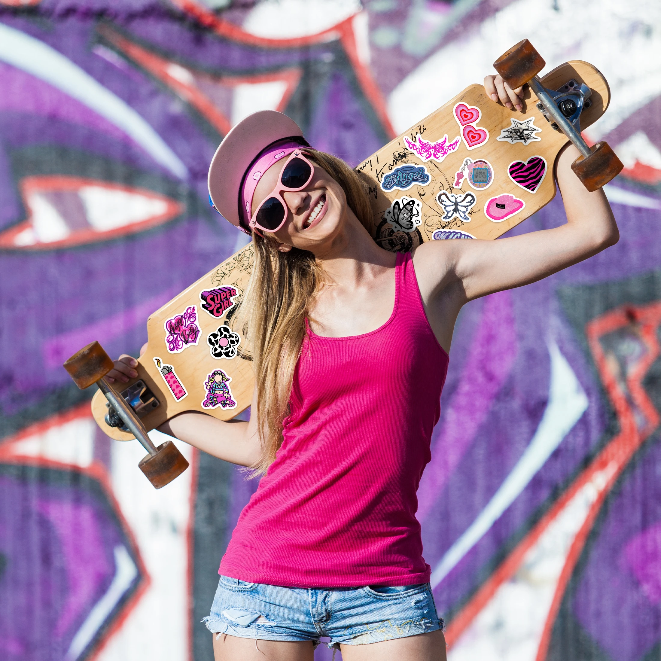 50 pçs rosa moda padrão brilho no escuro adesivos auto-adesivos à prova dwaterproof água decalques de vinil livros de computador garrafas decoração do miúdo