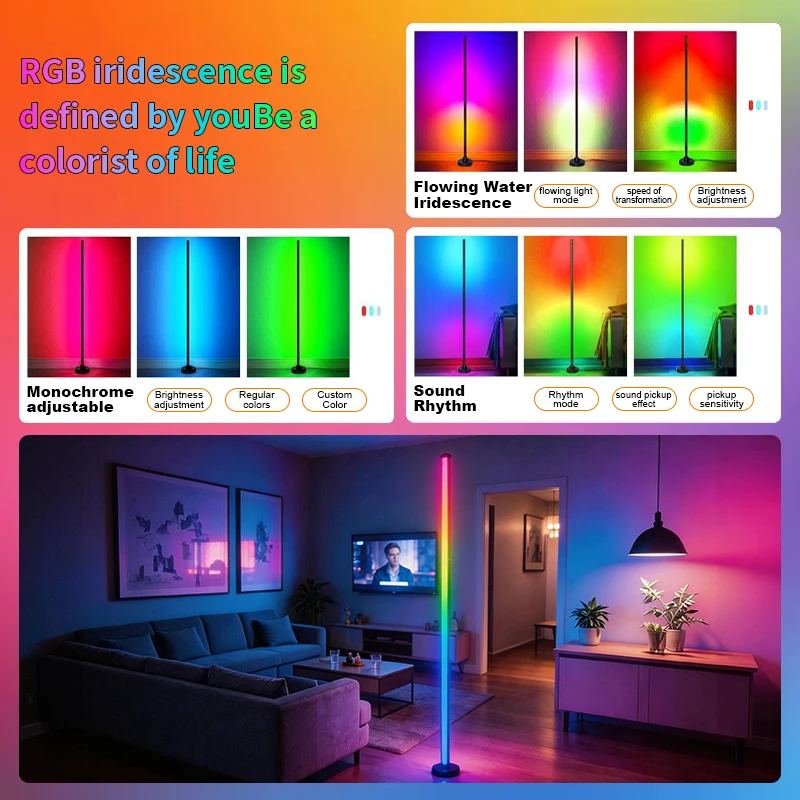 Music Rhythm Dynamic Color Changing LED Floor Lamp, Bluetooth APP Remote Controlled Ambient Light for Bedroom Gaming Living Room