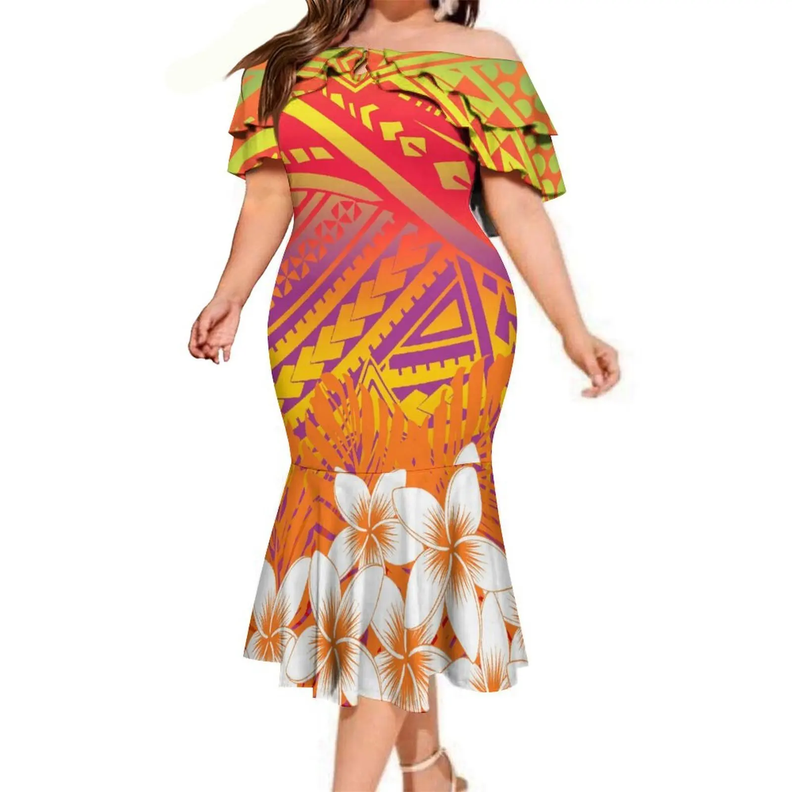 High-Quality Hawaiian Floral Print Polynesian Island Samoan Women'S Off-The-Shoulder Dress, Cocktail Party Fishtail Long Dress