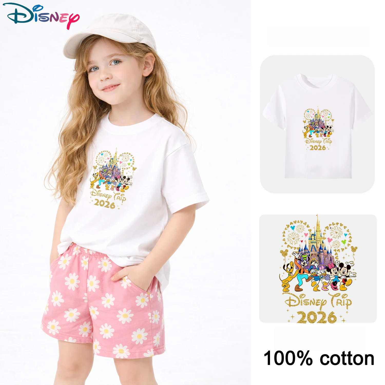 

Детская футболка Disney Mickey Family Trip 2026 из 100% хлопка с короткими рукавами и круглым вырезом, с графическим принтом, черная/белая