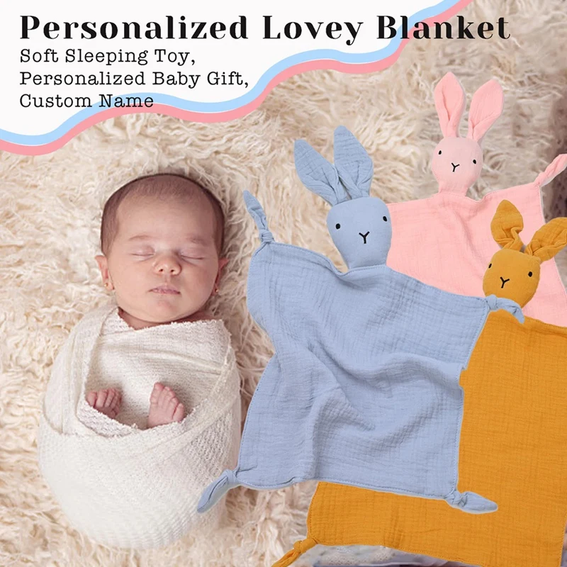 Loveys for Babies Personalized Muslin Lovey Blanket Custom Embroidered Baby Security Blanket Bunny Comforter with Name,A