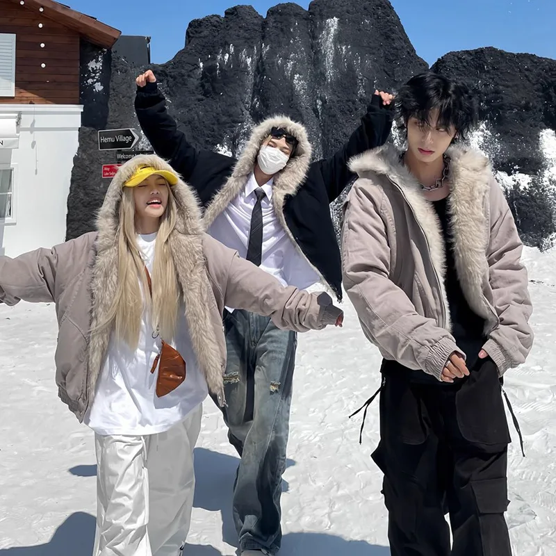 

Korean Fashion Winter 2025 New Cotton Jacket with Thick Velvet for Warmth, Couple's Wool Collar Parkas Female Clothing