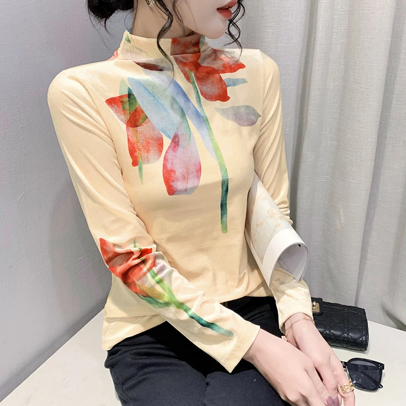 Autumn Winter Half Turtleneck Soft Velour Fabric Base T-shirt Women Long Sleeve Positioning Printing Floral Pullover Tops