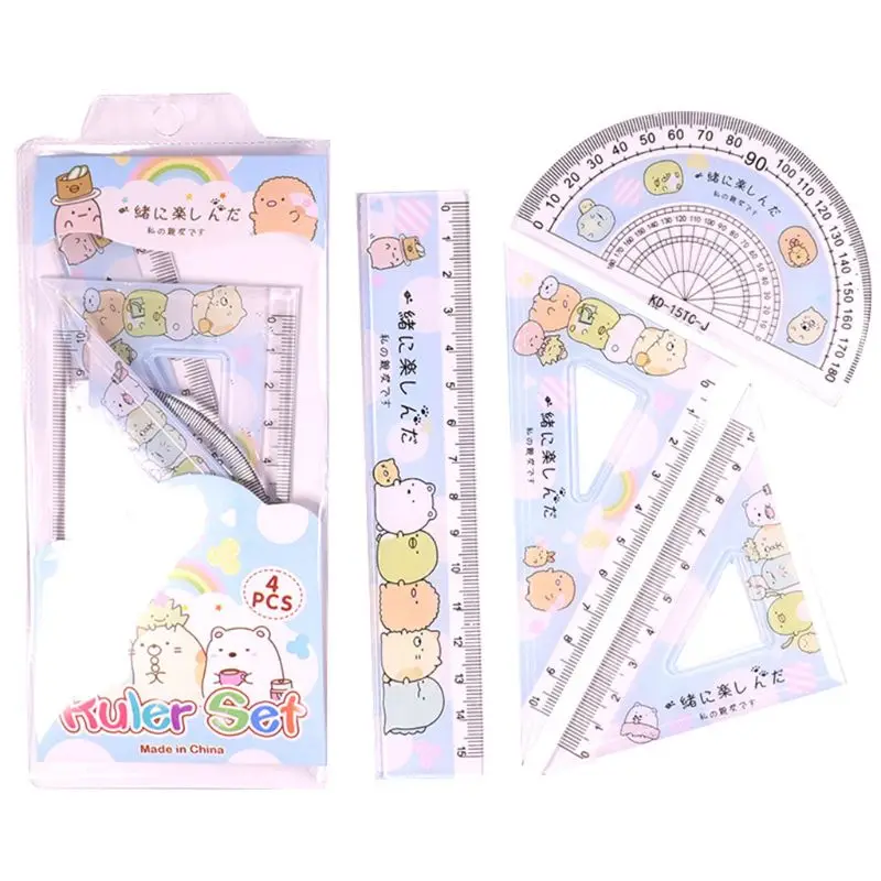 QX2B Cartoon Straight for TRIANGLE Ruler Set of 4 Children Students Girls Boys Handm
