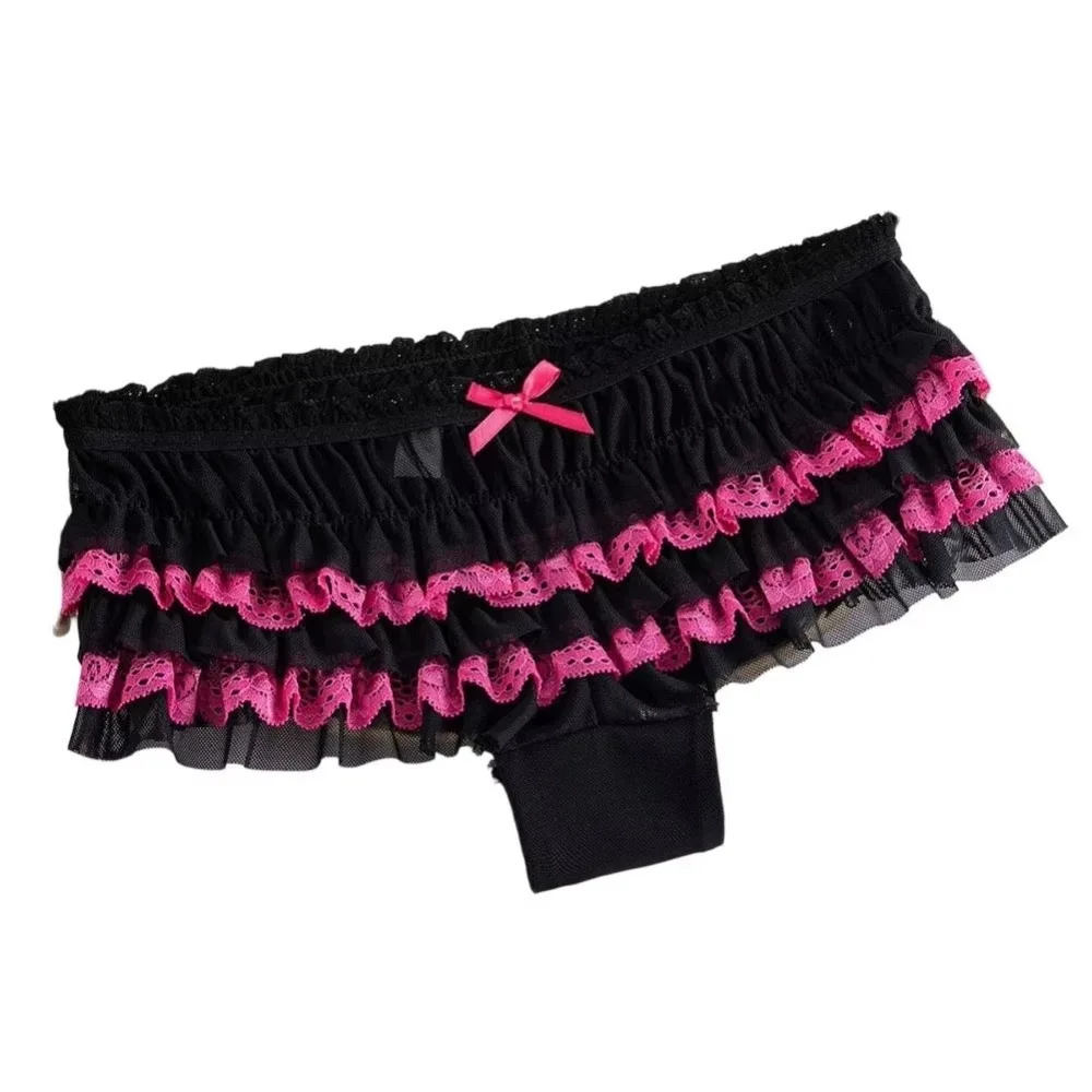 Cotton Crotch Women's Lace Panties Lace Trim Layered Ruffles Ruffled Lace Panties Breathable Mesh Sweet Bow Low Rise Briefs