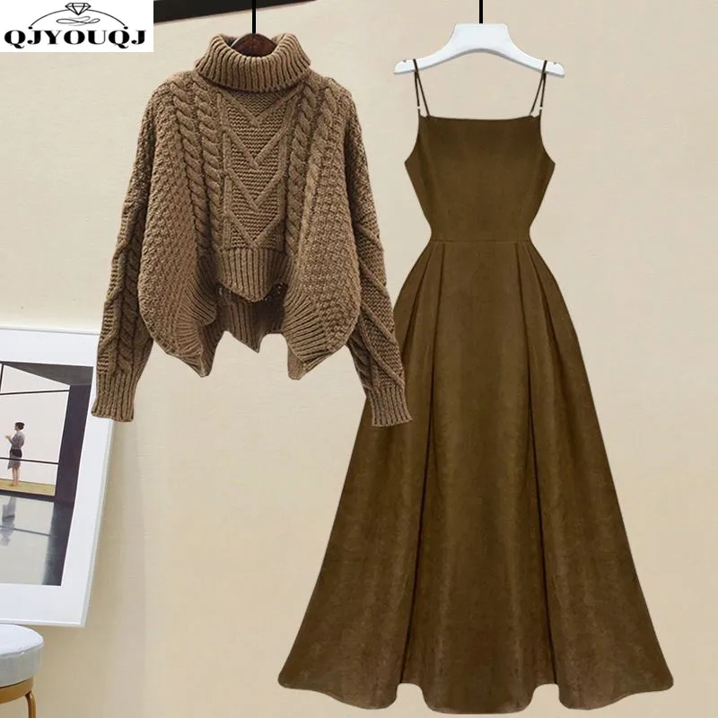 2024 Autumn/Winter Women\'s Set Slimming and Aging Reducing Knitted Sweater+Fashion Slippery Dress Two Piece Set