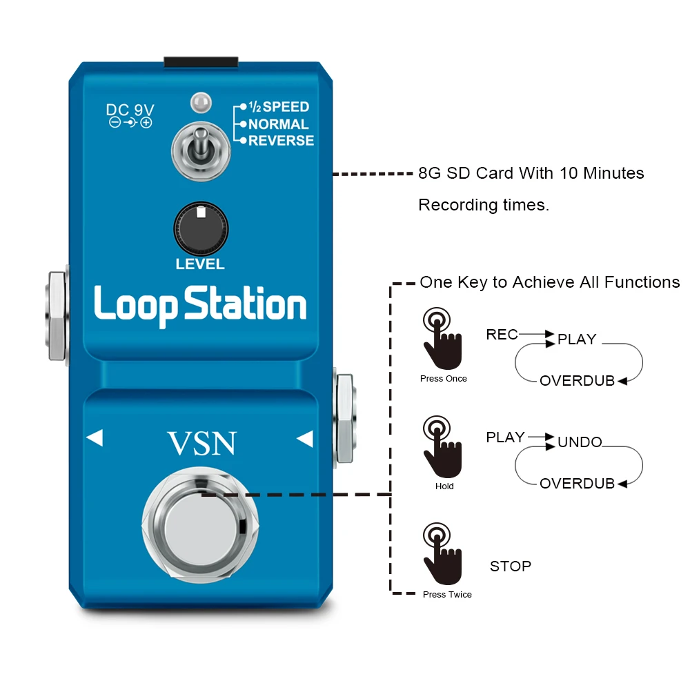 VSN Guitar Mini Loop Station with SD Card Guitar Pedal Looper Effect Pedals With 10 Min Recording Unlimited 3 Modes LN-332AS