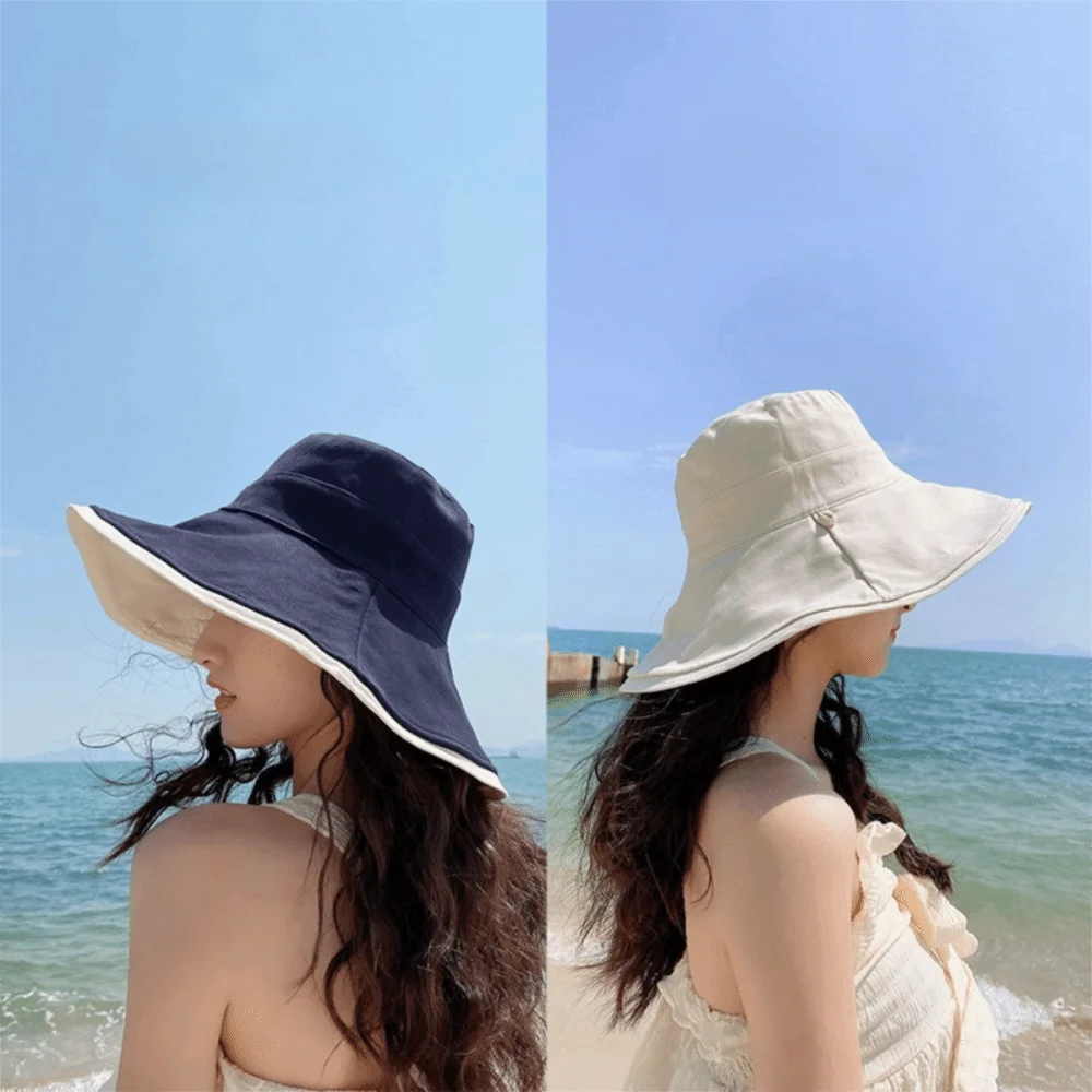 

Broad-edged Double-sided Wear Fisherman's Hat Soft Foldable Women Sun Hat Versatile Removable Windproof Rope Bucket Hat Beach