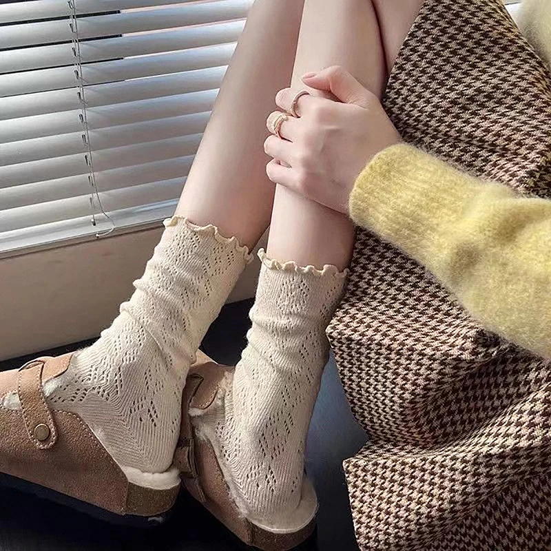 

1Pair Women Thin Hollow Out Long Loose Socks Sweet Girls Japanese Solid Color Breathable Cotton Spring Summer Stocking