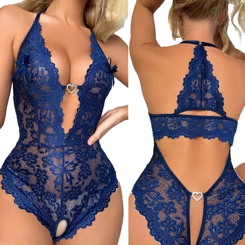

Цельная женская облегающая одежда, прозрачная кружевная сексуальная мини-короткая ночная рубашка с v-образным вырезом и открытой промежностью, открытое нижнее белье