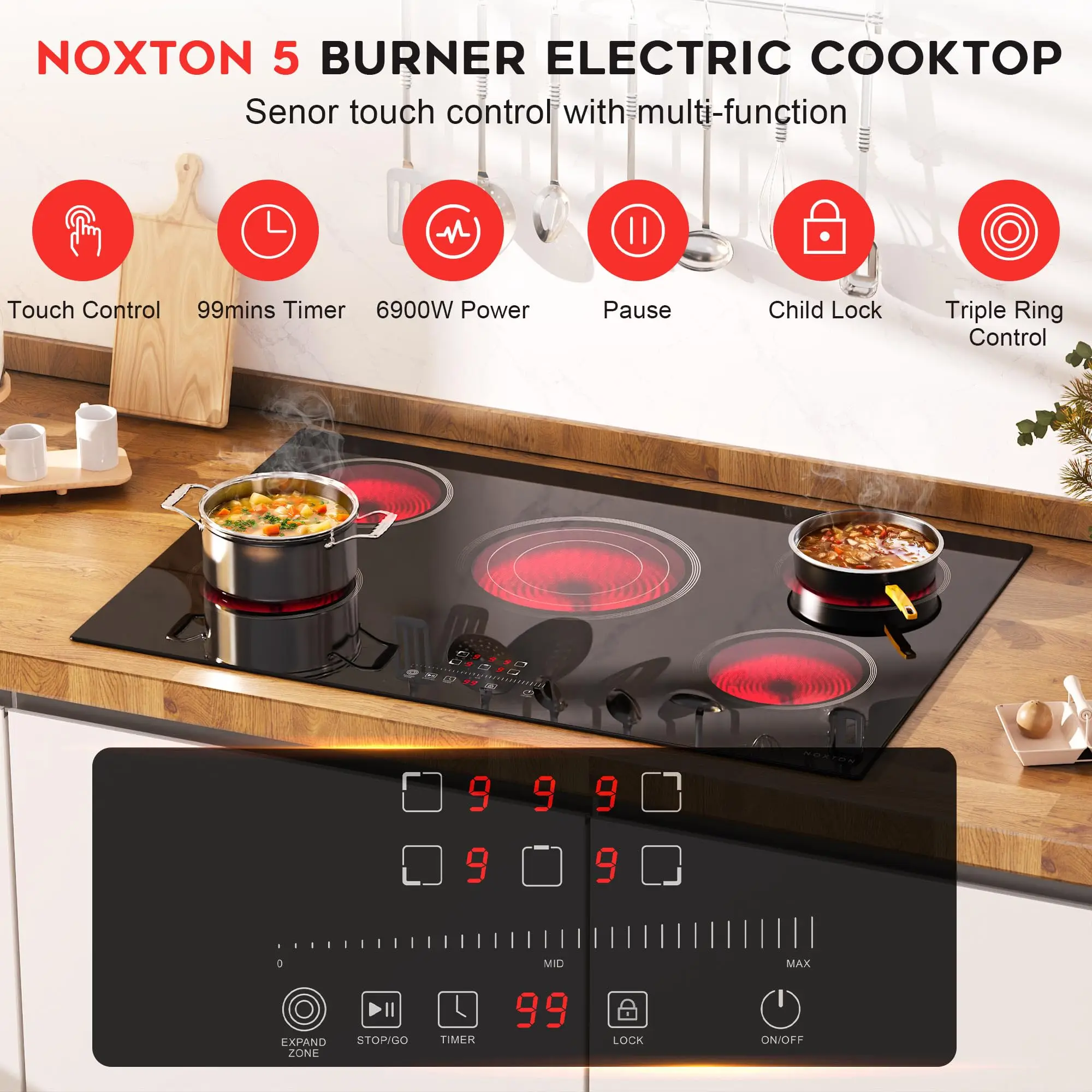 موقد كهربائي Noxton مقاس 30 بوصة، موقد كهربائي 5 شعلات، موقد زجاجي مدمج، حلقة ثلاثية، سلك صلب 220-240 فولت (بدون توصيل)