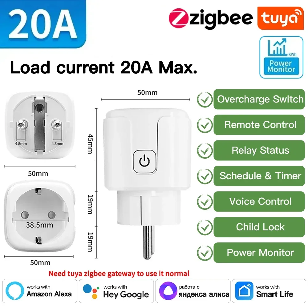 TNCE Tuya wifi/Zigbee Steckdose EU Stecker 16/20A Smart Power Monitor Fernbedienung Smart Leben APP Stimme mit Alexa Google Home Alice