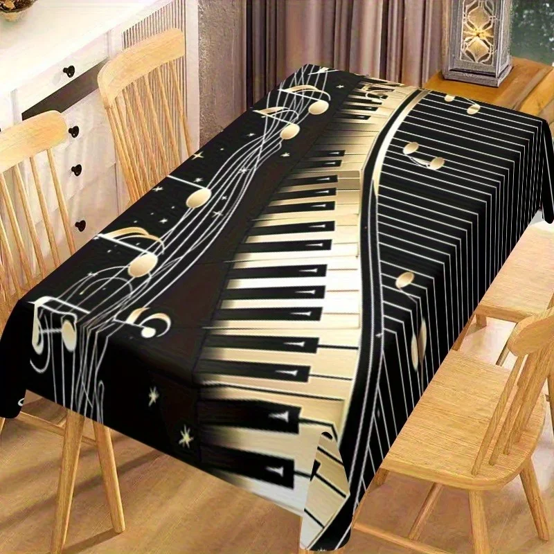 Tablecloth 1pc Piano-themed Polyester Tablecloth - Black and Gold Keyboard Design with Sheet Music.PMJ