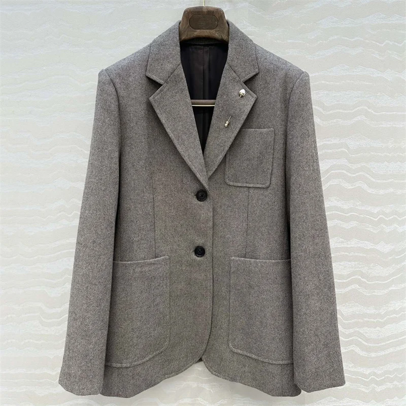 

Women's jacket 2025 winter new single breasted slim long sleeved top Wool blend women's suit jacket Multi pocket women's coat