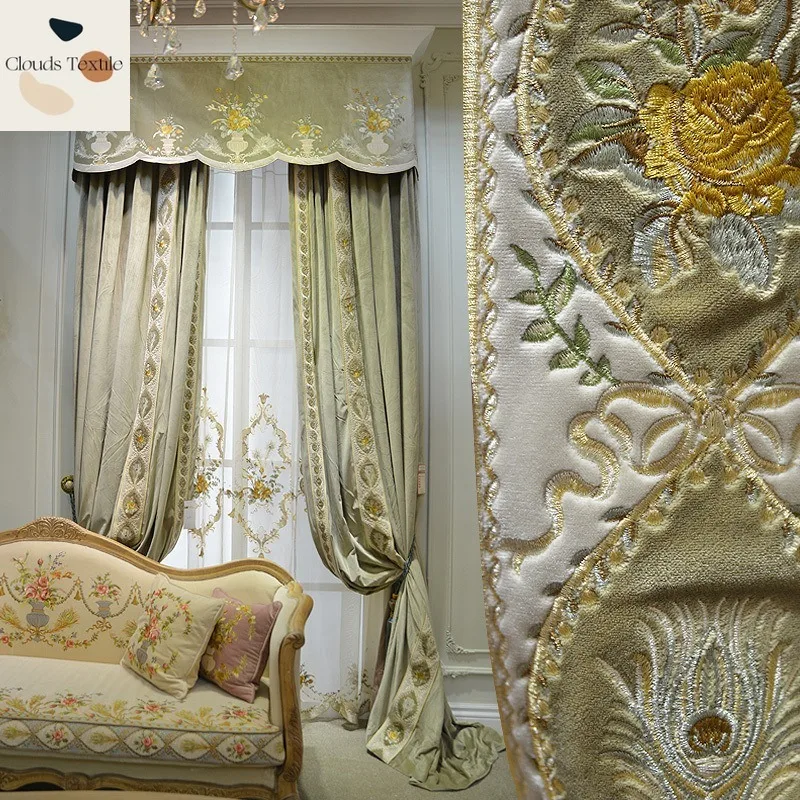 

French American Velvet Velvet Velvet Embroidered Curtains for Living Dining Room Bedroom Luxury Fabric Curtains