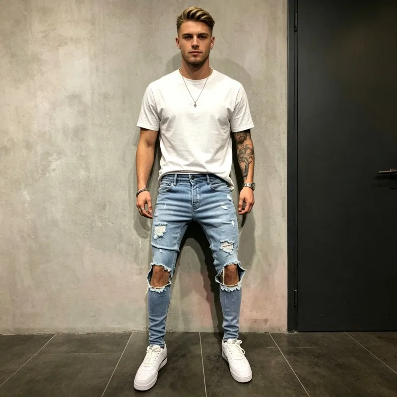 Distressed Ripped Men Jeans Pencil Pants Vintage Ankle Length Skinny Denim Casual Slim High Street Wash Pockets Hole Summer 2026